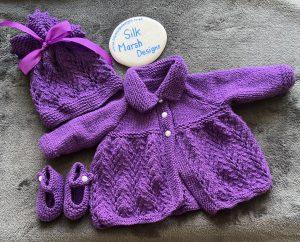 Elizabeth Cardigan Hat Shoes Baby Knitting Pattern Birth-12 months approx