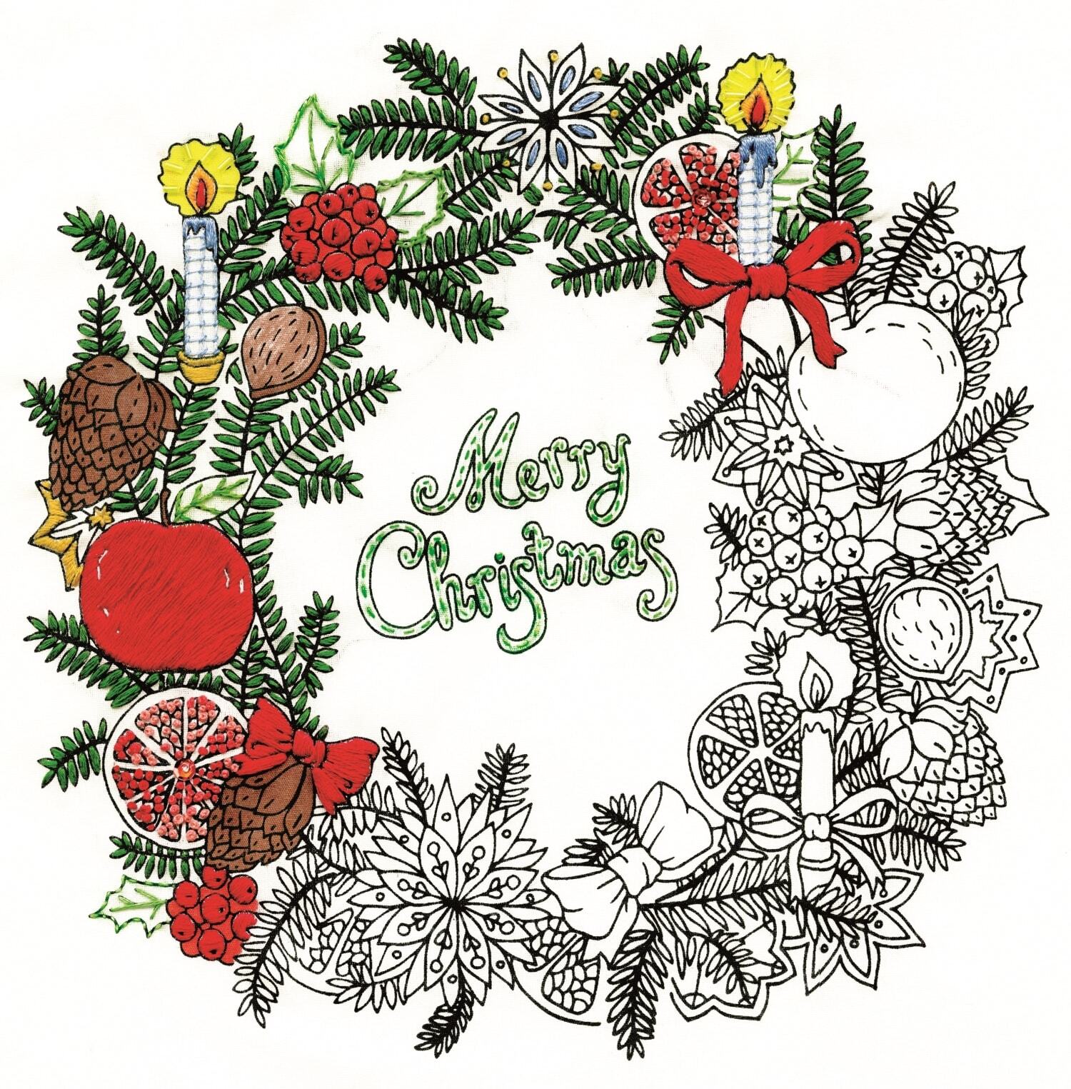 Design Works Zenbroidery Merry Christmas Wreath Cotton Fabric