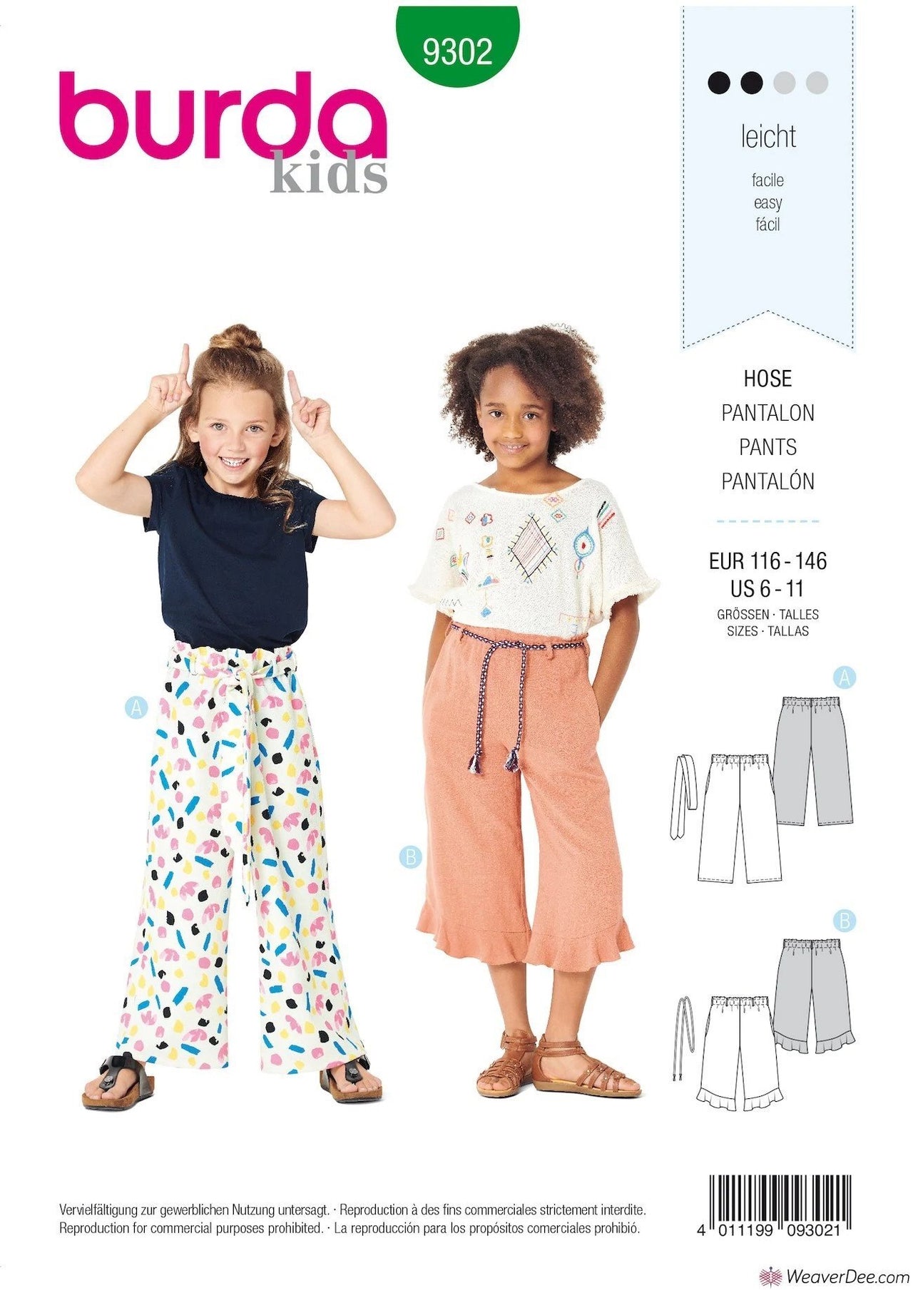 Burda Style Children's Pants with Elastic Waist – Culottes – 7/8 Length 9302 - Paper Pattern, Size 6-11