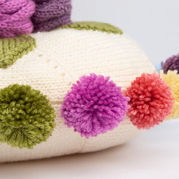 Round Shabby chic floral cushion with pom poms