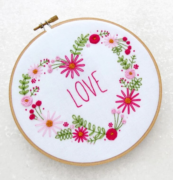Ohsewbootiful Floral 'Love' Heart Printed Embroidery Kit - 6 x 6in / 15 x 15cm