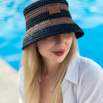 Striped bucket raffia hat