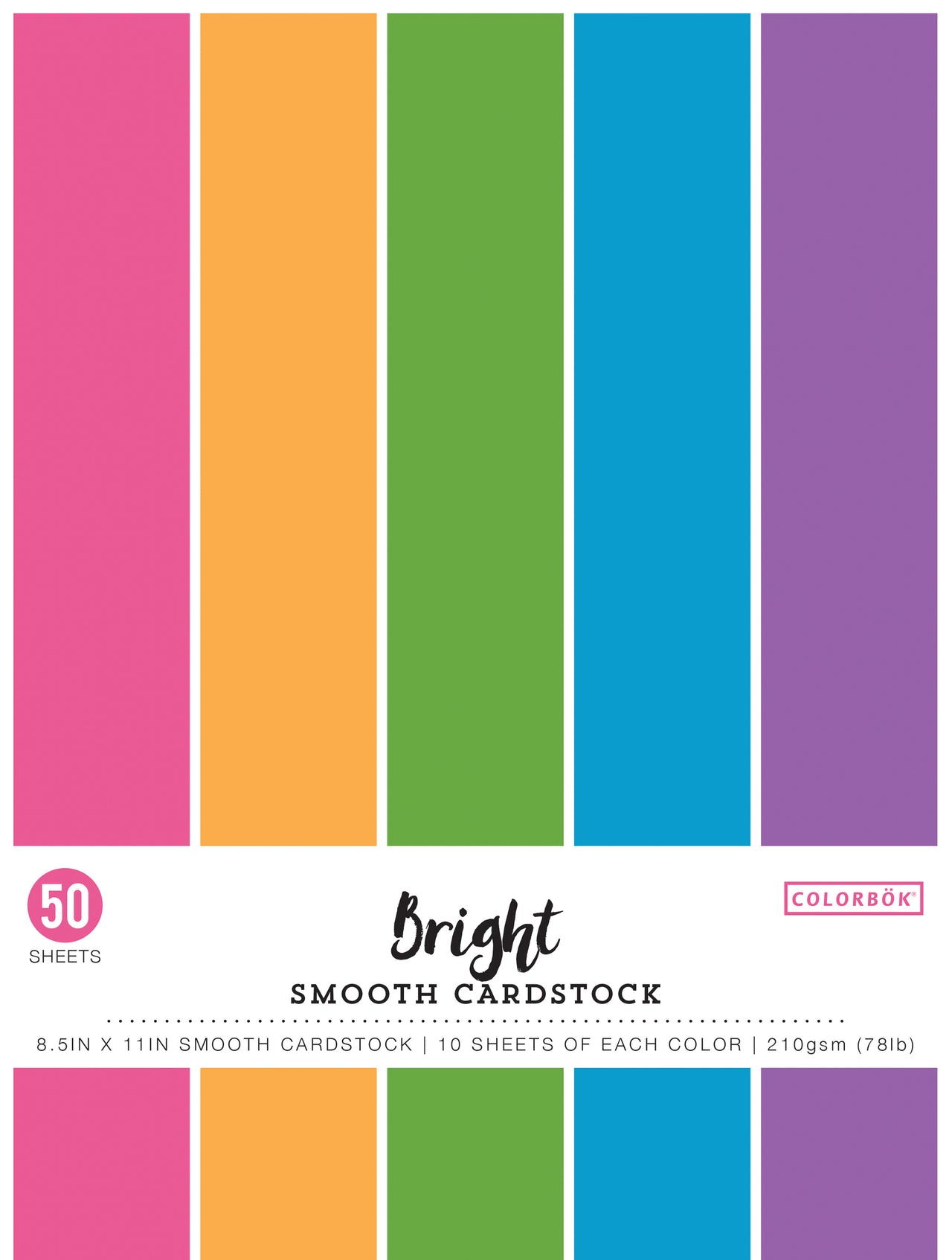 American Crafts Colorbok 78lb Smooth Cardstock 8.5"X11" 50/Pkg - Bright, 5 Colors/10 Each