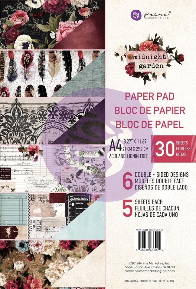 Prima Marketing Double-Sided Paper Pad A4 30/Pkg - Midnight Garden, 6 Designs/5 Each