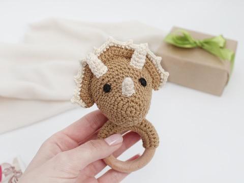 Crochet dinosaur pattern baby rattle toy Triceratops amigurumi pattern