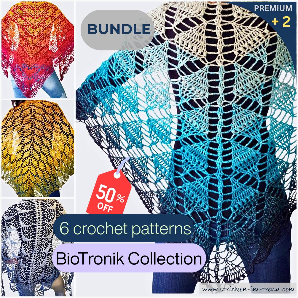 Crochet Pattern Bundle BioTronik Collection | 6 Triangle Shawl Patterns | Modern Crochet Wraps PDF
