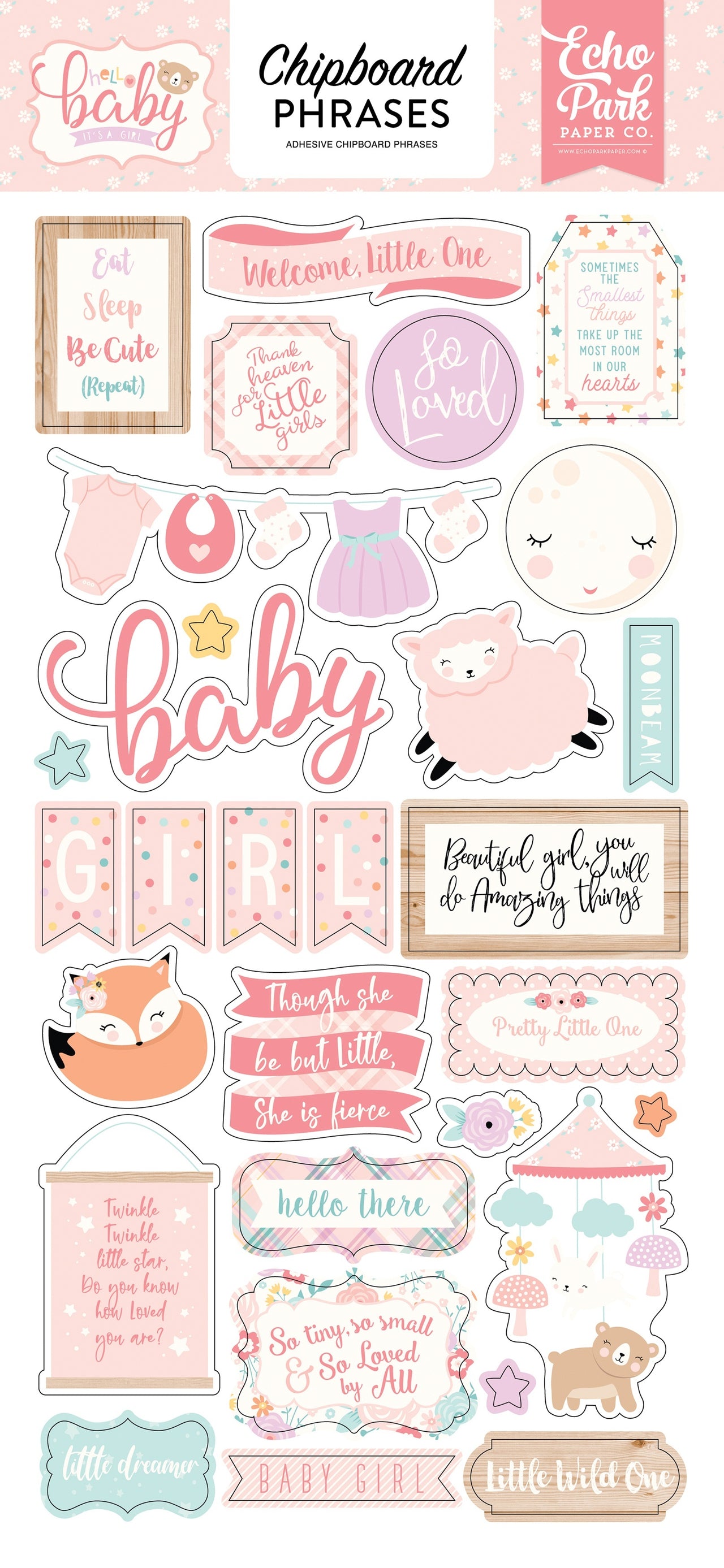 Echo Park Paper Hello Baby Girl Chipboard 6"X13" - Phrases
