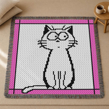 White Cat Blanket Wondering Kitten Throw Pink Border C2C CROCHET PATTERN