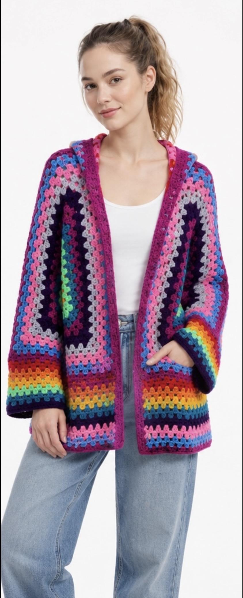 Hexagon Granny Square Crochet Hoodie Cardigan