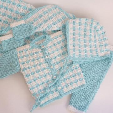 5pcs Crocheted Newborn Baby Set - blanket, top, pants, bonnet, booties