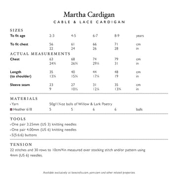 Martha Cardigan - Knitting Pattern for Girls in Willow & Lark Poetry