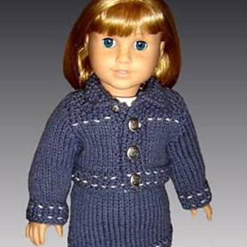 Doll knitting pattern. Fits American Girl Dolland 18 inch doll. Jean jacket and Skirt 012