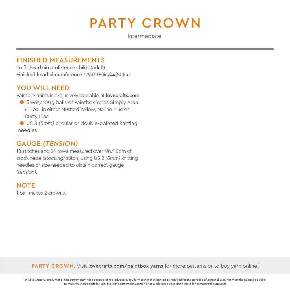 Party Crown - Free Knitting Pattern for Kids & Adults in Paintbox Yarns Simply Aran by Paintbox Yarns