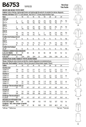 Butterick Misses'/Misses' Petite Button-Down Shirts B6753 - Sewing Pattern