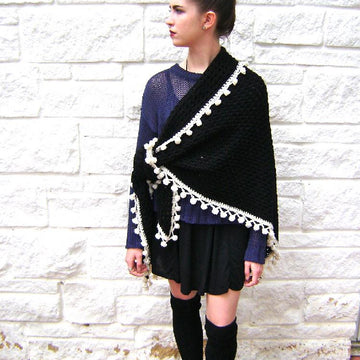Midnight Granny Shawl with Pom Pom Fringe