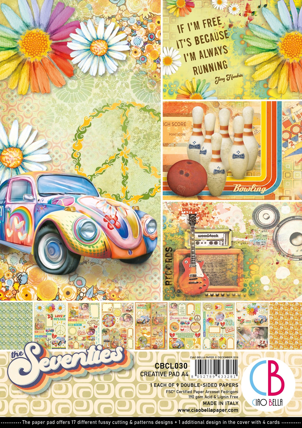 Ciao Bella Double-Sided Creative Pack 90lb A4 9/Pkg - The Seventies, 9 Designs/1 Each