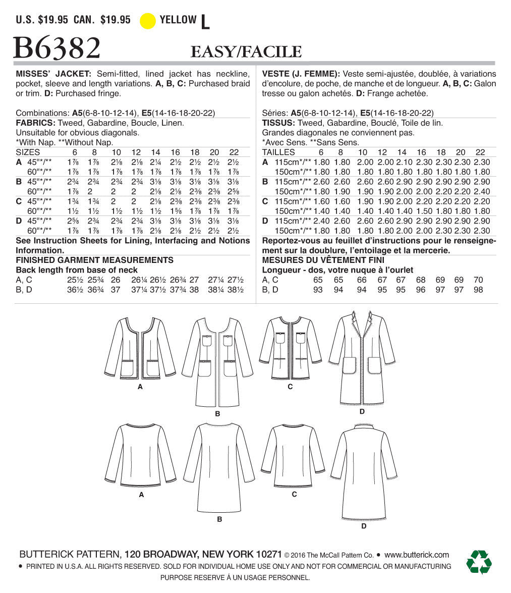 Butterick Misses' Open-Front Jackets with Patch Pockets B6382 - Sewing Pattern