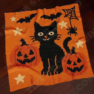 C2C CROCHET PATTERN Halloween Cat Spider Bat Stars Orange Blanket