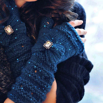 Your Time To Shine Sequin Bow and Boho Flower Hat and Fingerless Glove Set