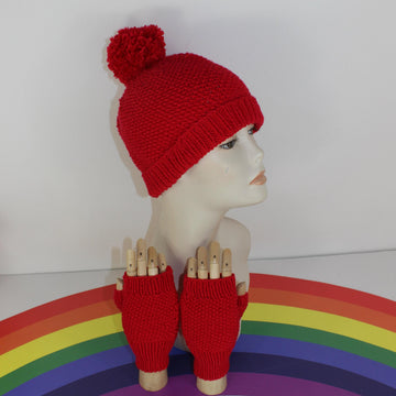 Adult Teen Aran Moss Stitch Bobble Beanie & Fingerless Gloves