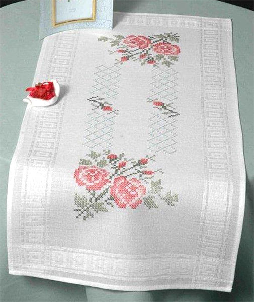 Deco-Line Pink Rose Cross Stitch Table Runner Stamped Cross Stitch Kit - 40cm x 100cm