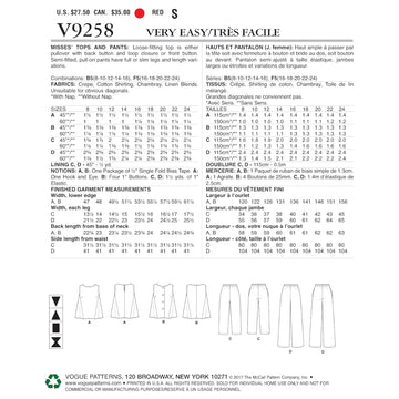 Vogue Misses' Sleeveless Tops with Pull-On Pants V9258 - Sewing Pattern