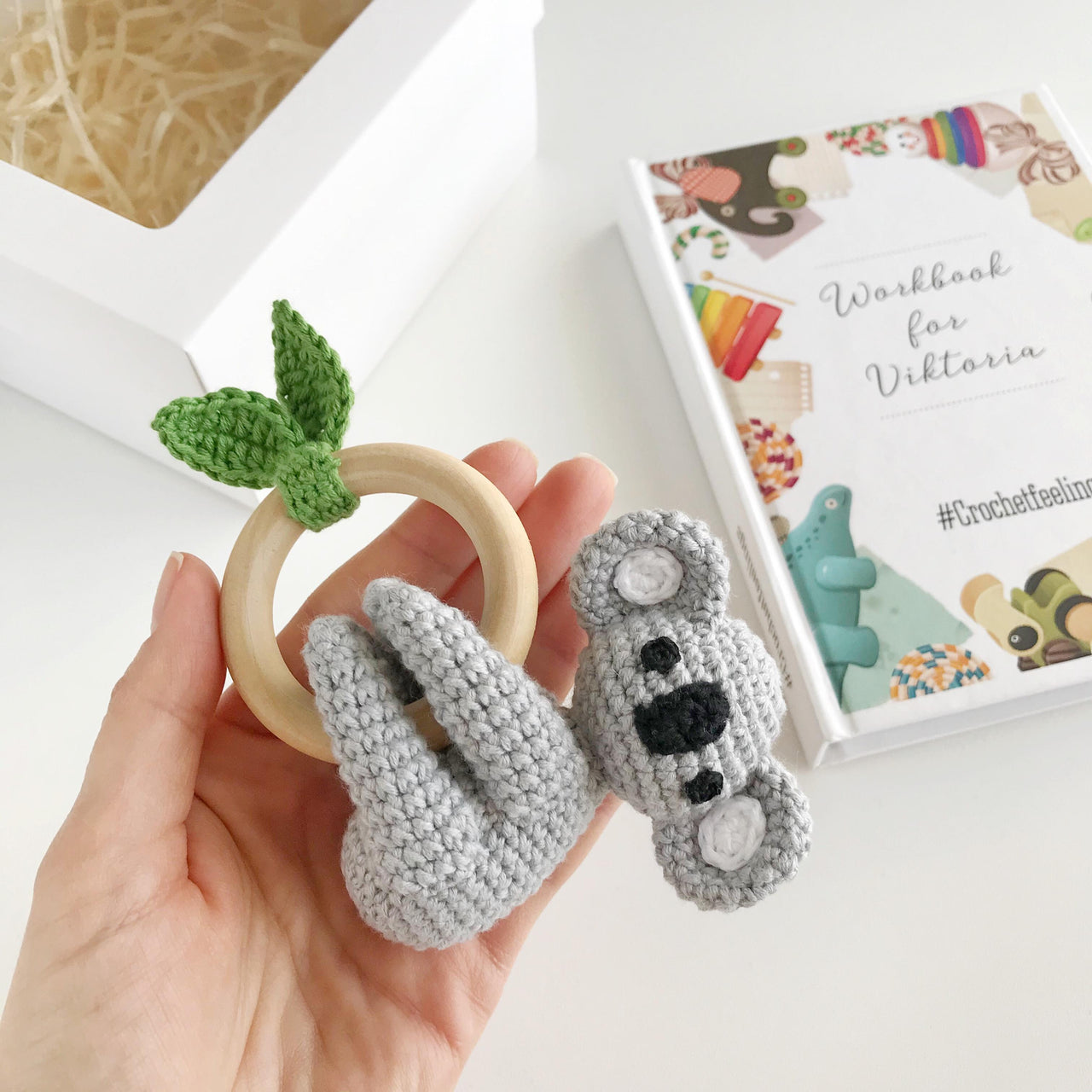 Koala crochet pattern baby rattle toy Amigurumi animal pattern Teething ring Newborn toy