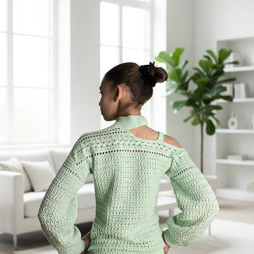 One shoulder turtleneck crochet sweater