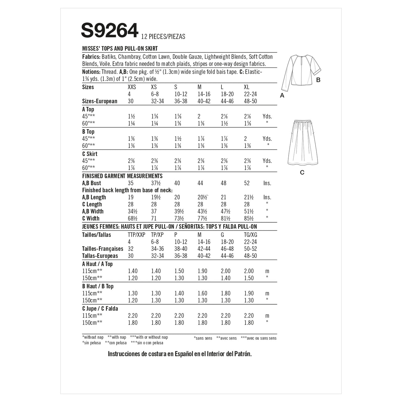 Simplicity Misses' Tops & Pull-on Skirt S9264 - Paper Pattern, Size A (XXS-XS-S-M-L-XL)
