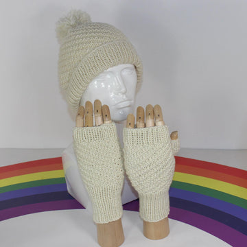 Adult Teen Aran Swirl Bobble Beanie Hat and Gloves