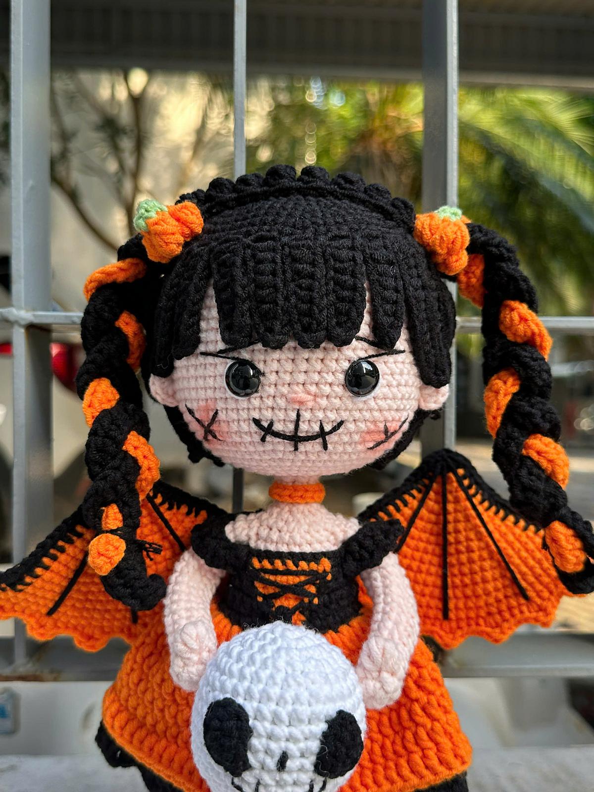 Pumpkin Bat Girl with Skull
