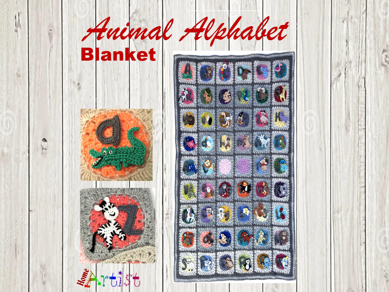 Crochet Animal Blanket Alphabet Game 52 Animals + Upper Lowercase Letters Applique Pattern