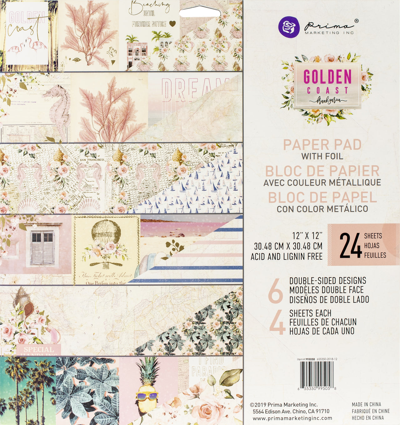 Prima Marketing Double-Sided Paper Pad 12"X12" 24/Pkg - Golden Coast, 6 Foiled Designs/4 Each