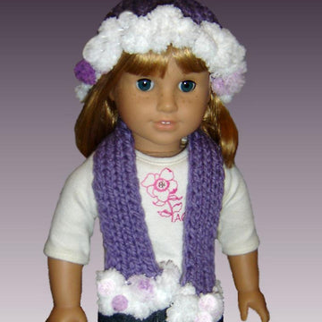 PomPom hat and scarf, fits 18 inch, American Girl Doll 105