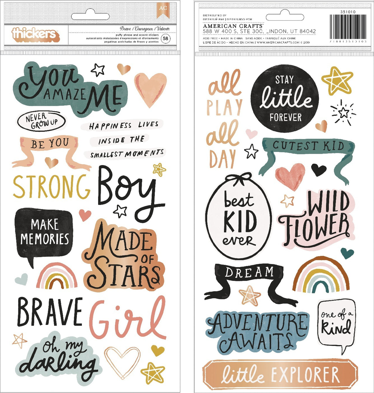 American Crafts Magical Forest Thickers Stickers 58/Pkg - Brave Phrase/Puffy
