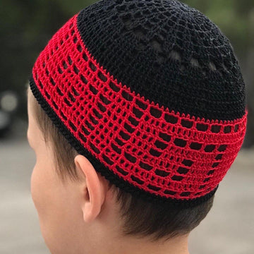 Crochet kufi cap with Greek key design