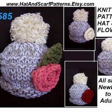 585 Knitted touque hat, flower, leaf, unisex,
