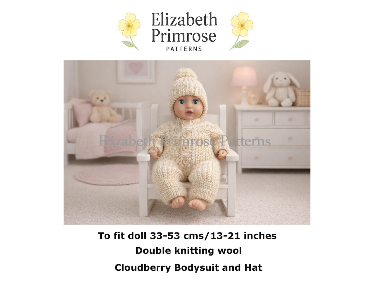 Cloudberry Dolls Bodysuit & Hat Knitting Pattern P157 | Elizabeth Primrose Patterns