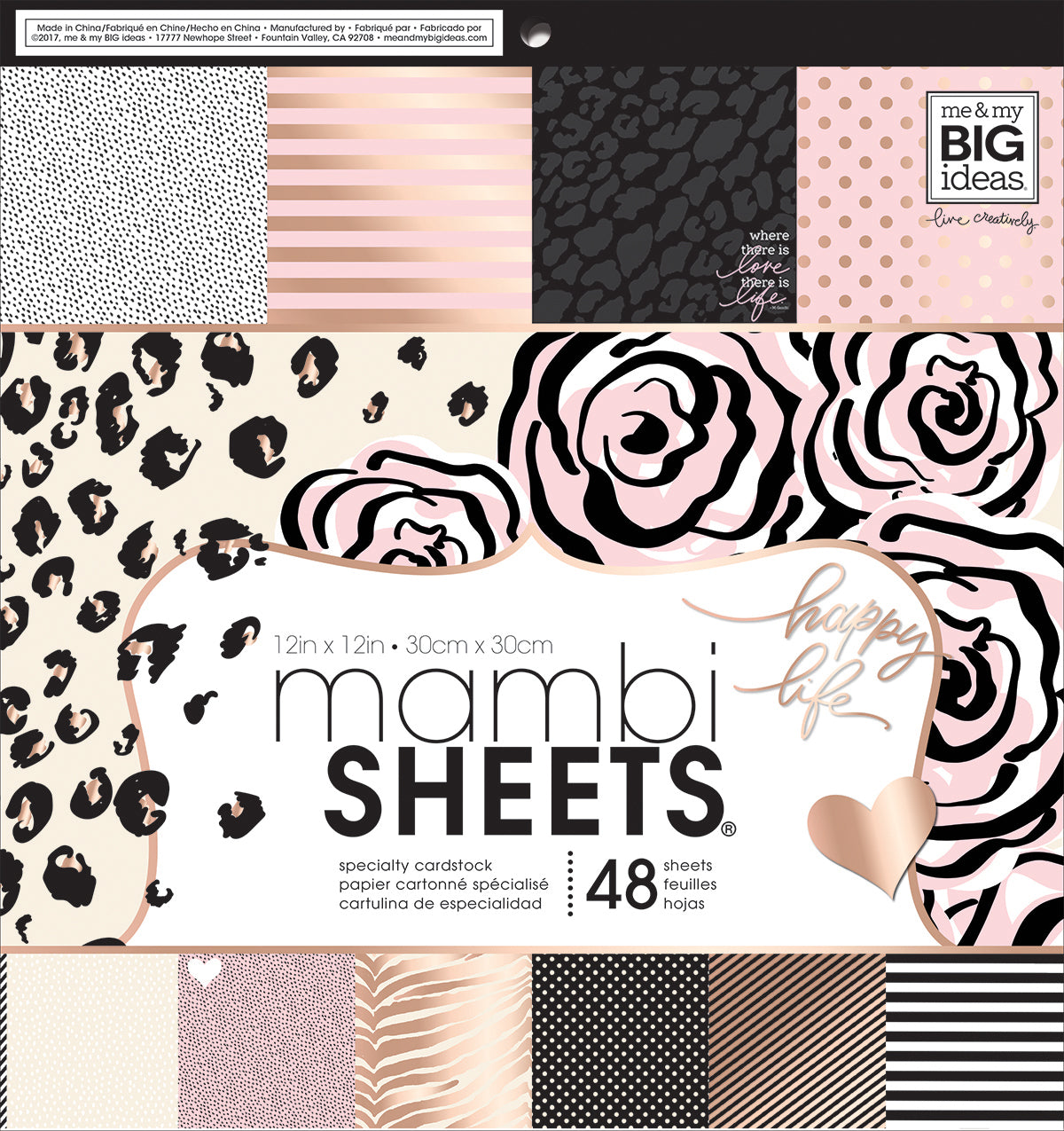 Mambi Single-Sided Paper Pad 12"X12" 48/Pkg - Black, White & Rose