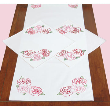 Jack Dempsey Stamped Dresser Scarf and Doilies Perle Edge - Rose Garden