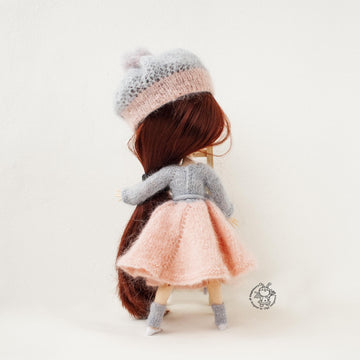 Pink and gray outfit for doll knitted flat