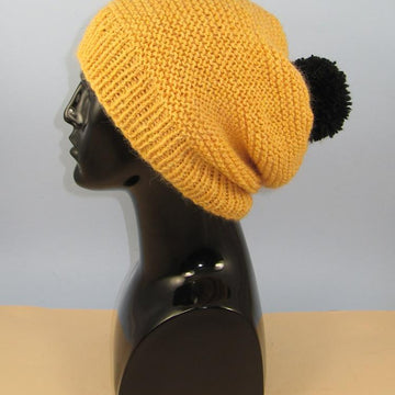Chunky Garter Stitch Big Bobble Slouch Hat