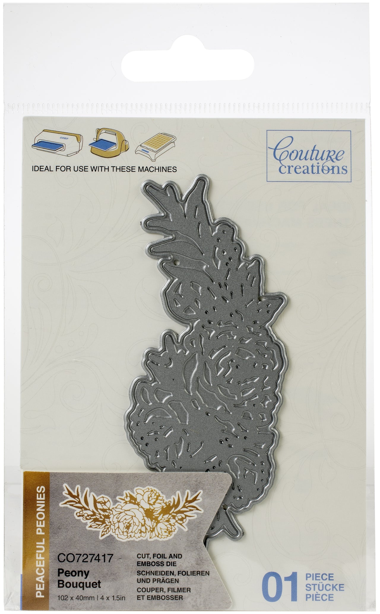 Artdeco Creations Couture Creations Peaceful Peonies Cut, Foil & Emboss Dies - Peony Bouquet 4"X1.5"