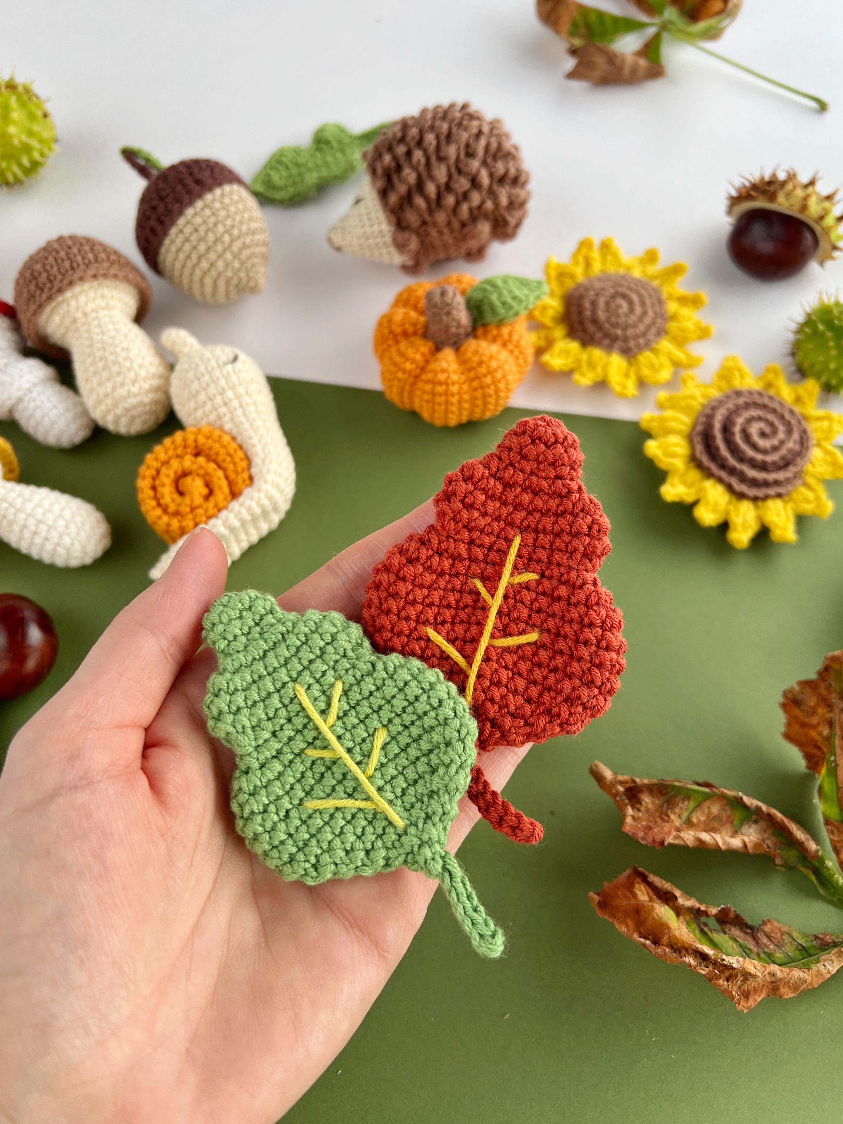 Fall crochet pattern bundle Hedgehog Acorn Leaf Pumpkin Mushroom Sunflower & Snail Amigurumi keyring