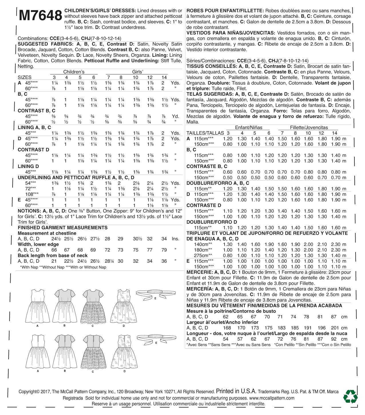 McCall's Childrens'/Girls' Gathered Dresses with Petticoat and Sash M7648 - Sewing Pattern