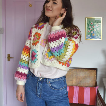 Aran granny squares and stripes cardigan