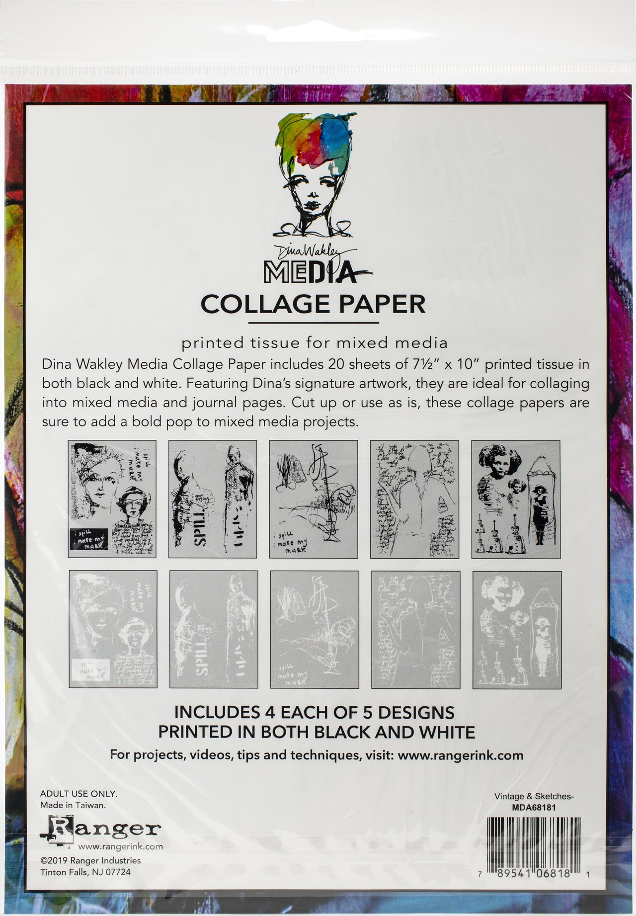 Ranger Dina Wakley Media Collage Tissue Paper 7.5"X10" 20/Pkg - Vintage & Sketches