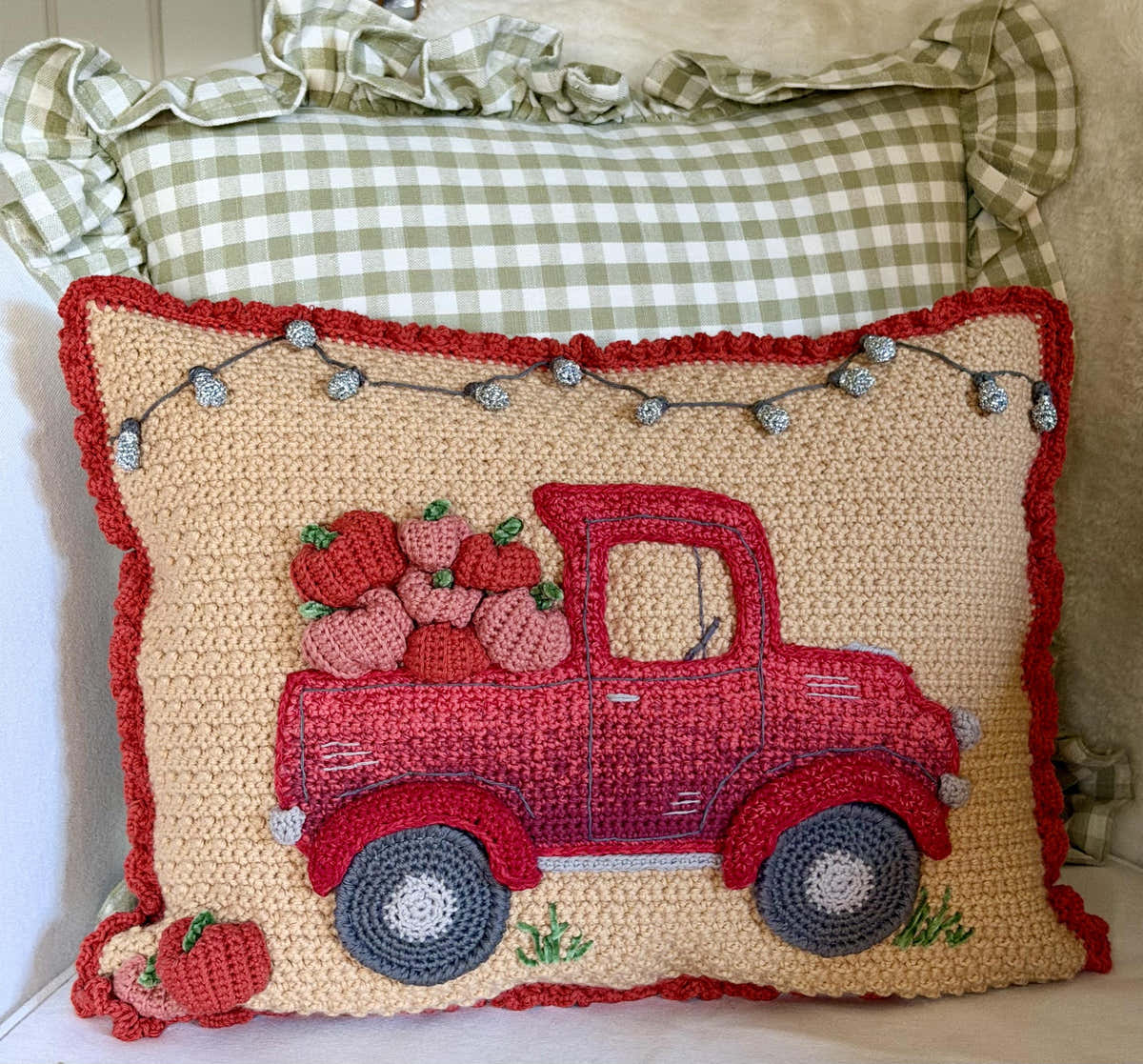 Pumpkin Truck crochet cushion.