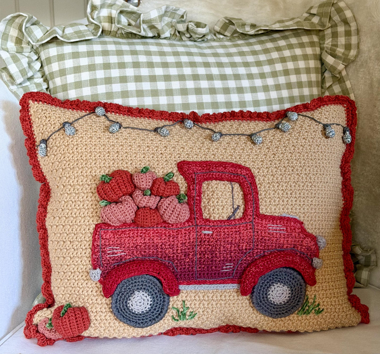 Pumpkin Truck crochet cushion.