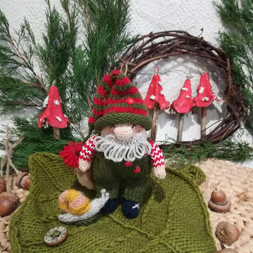 Forest Gnome Knitting Pattern – Soft Toy with Leaf Bed and Snail, beginners knit